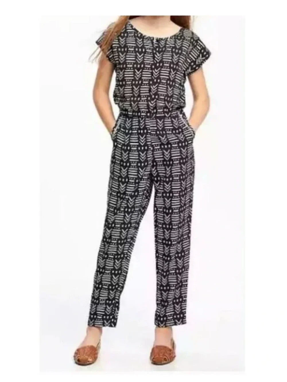 Old Navy Print Jump Rayon Black White Geometric Jumpsuit Girls Sz L (10-12) Boho